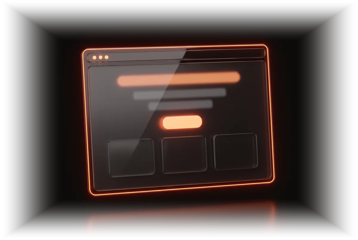 Navegador 3D de vidrio oscuro con borde de neón naranja mostrando una landing abstracta iluminada, con su botón naranja al centro